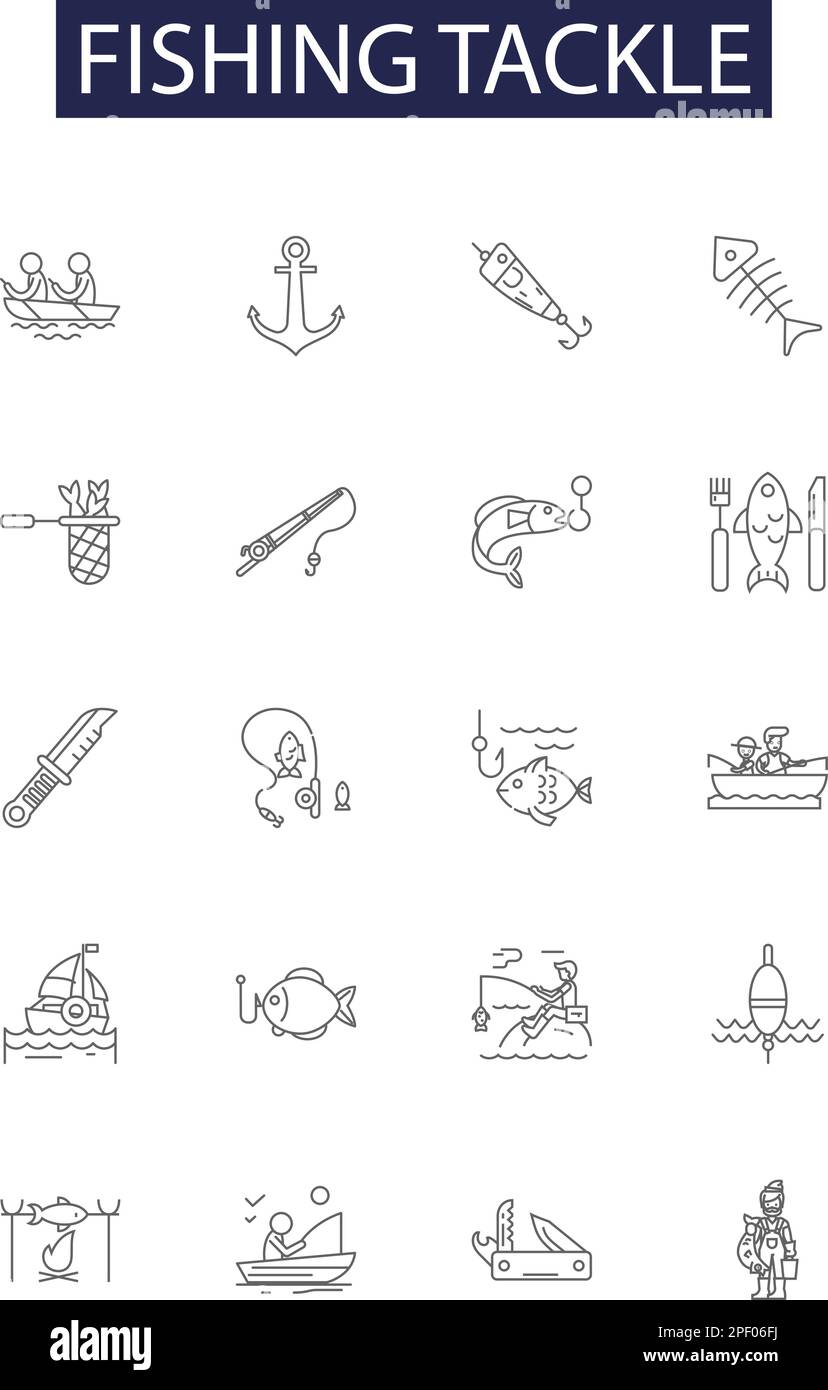 Fishing tackle line vector icons and signs. Reel, Line, Hook, Lure, Bait, Float, Swivel, Net outline vector illustration set Stock Vector