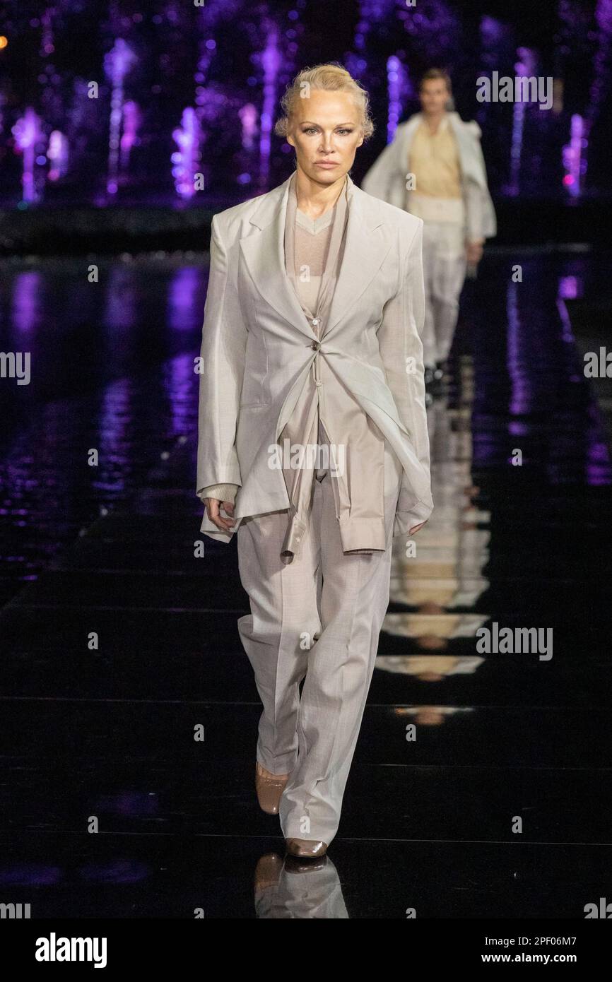 Actress Pamela Anderson walks on the runway at the Hugo Boss fashion ...