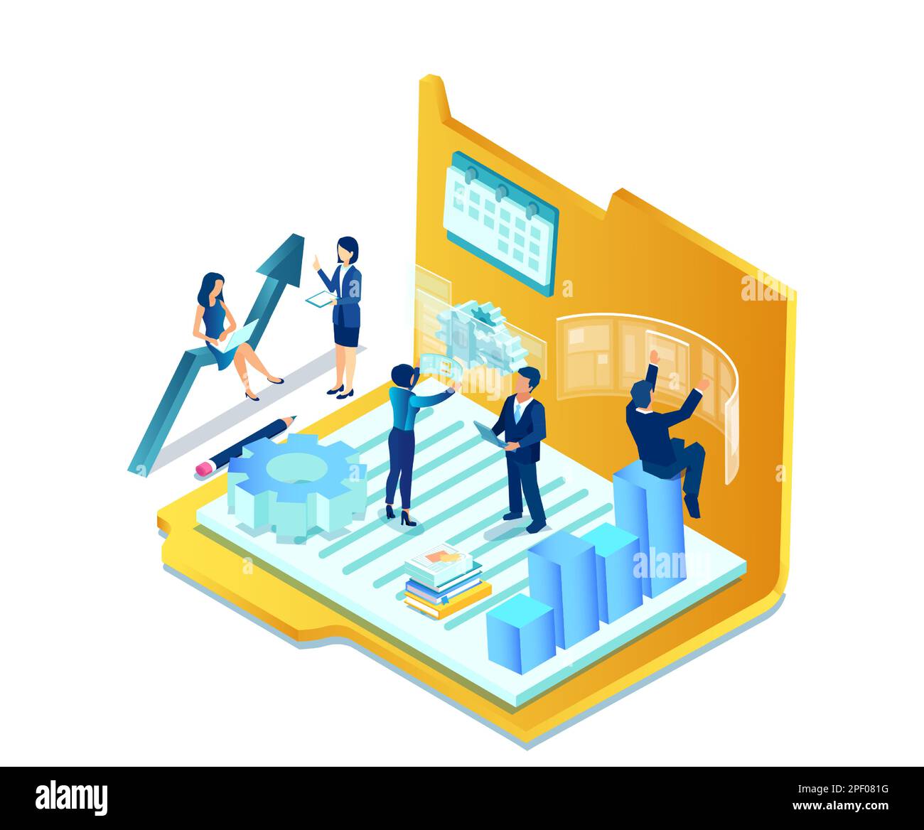 Vector of business people working in an office analyzing financial data brainstorming new ideas Stock Vector