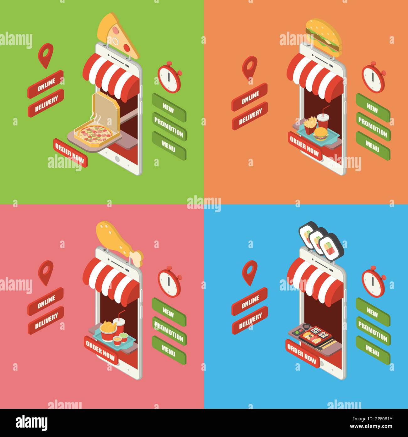 Online fast food order and delivery concept set, giant isometric smartphone with pizza, hamburger, fried chicken and sushi serving directly from mobil Stock Vector
