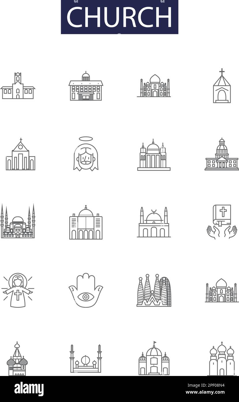 Church line vector icons and signs. sanctuary, chapel, congregation, faith, worship, religion, divinity, scripture outline vector illustration set Stock Vector