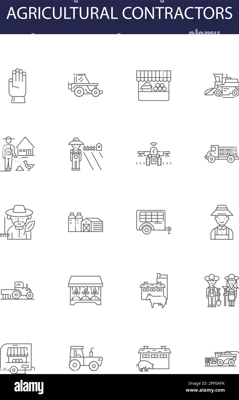 Agricultural contractors line vector icons and signs. Cultivators, Growers, Harvesters, Ploughmen, Sowers, Reapers, Tractors, Landscapers outline Stock Vector