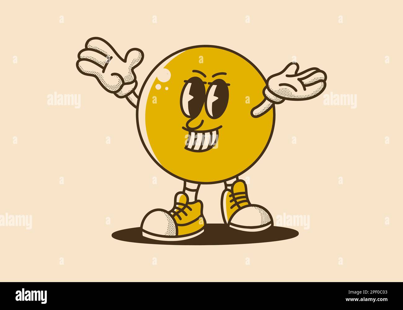 Yellow ball head mascot character design with smiling face in vintage