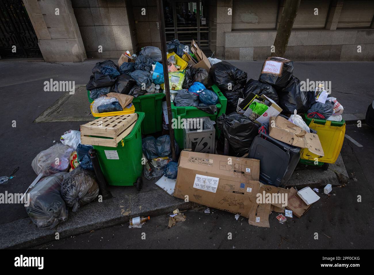 A "Thank you Hidalgo" message on a pile of garbage in Paris, France, on