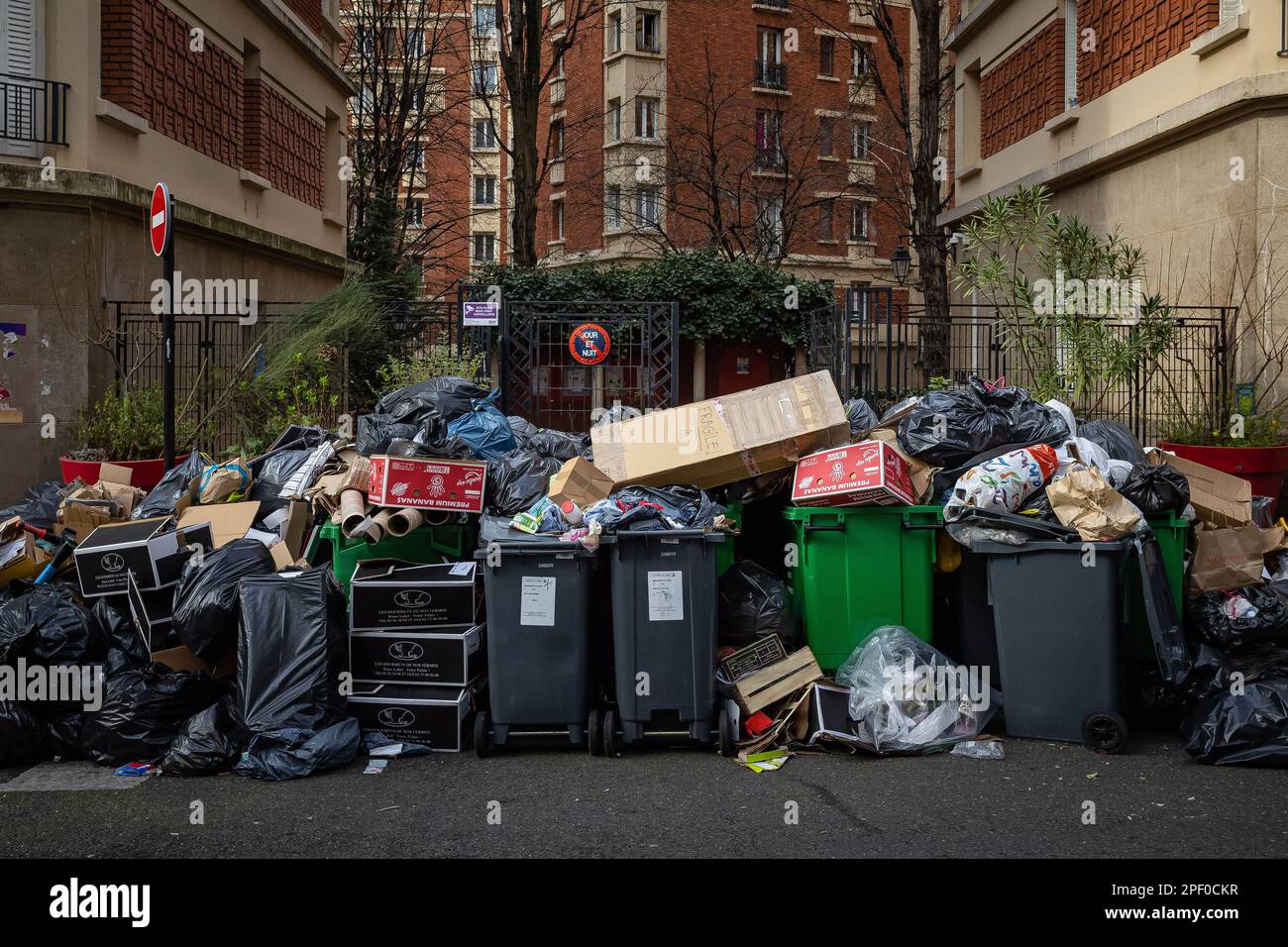A pile of garbage in front of a building in Paris, France, on March 16, 2023. A strike by waste