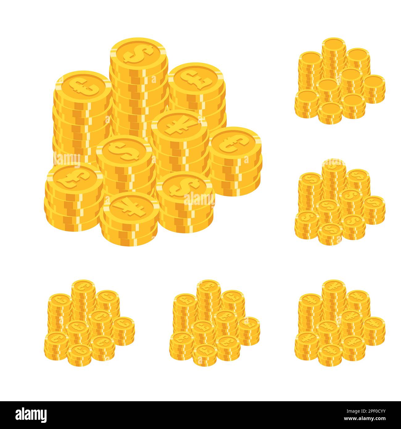 Set of isometric gold coins stack with mixed world major currencies sign in flat style Stock Vector
