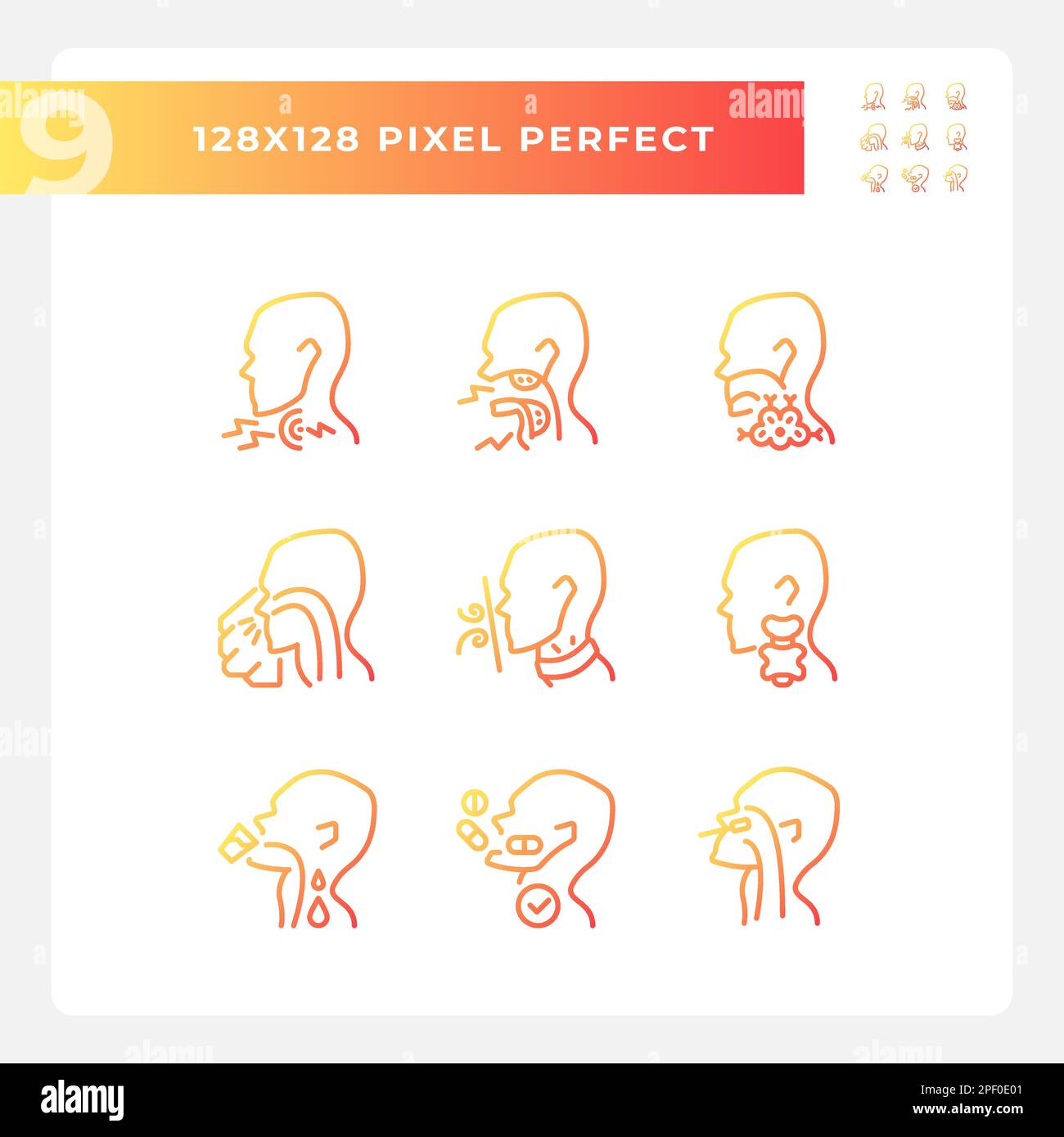 Throat diseases pixel perfect gradient linear vector icons set Stock Vector