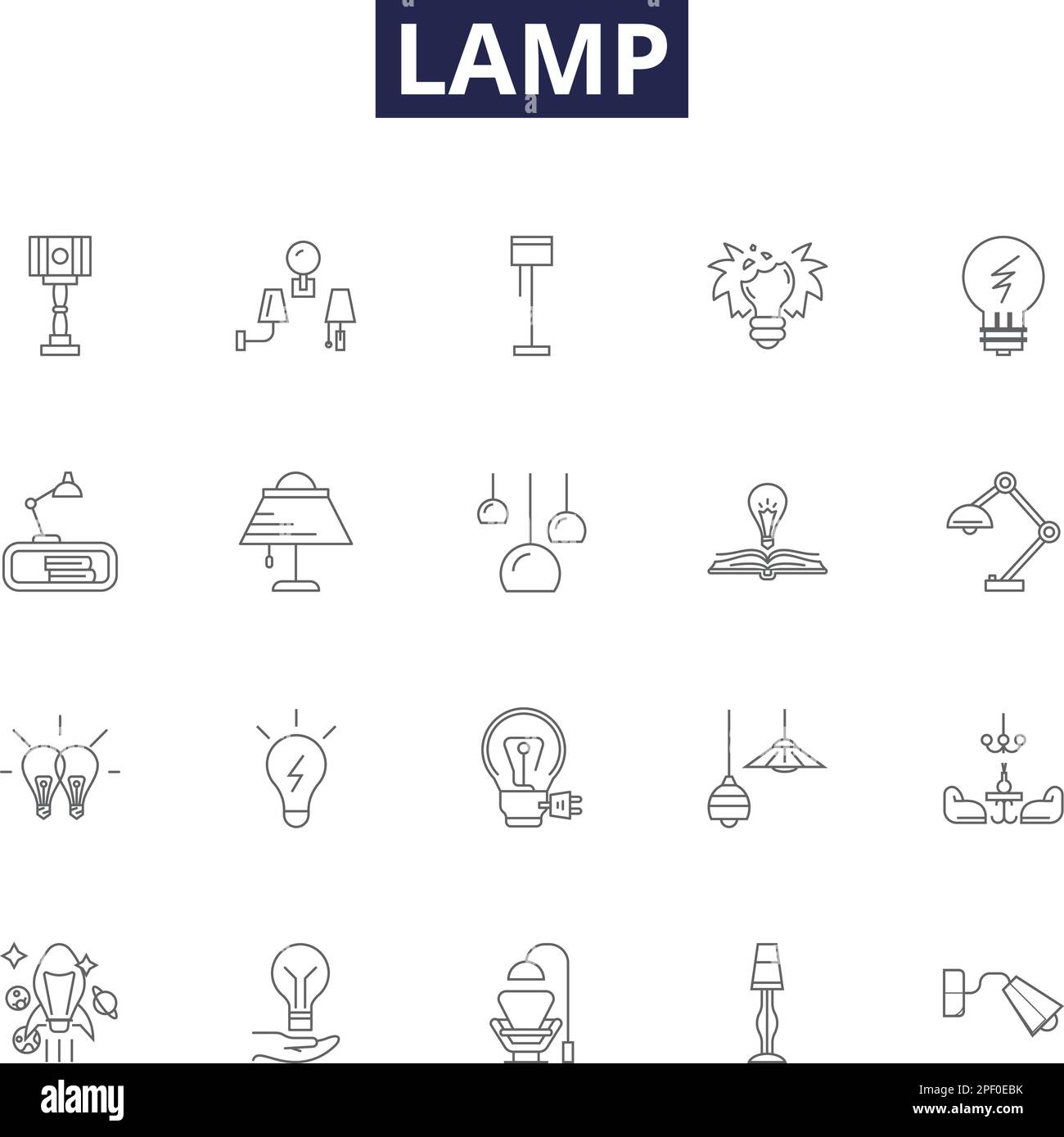 Lamp line vector icons and signs. Bulb, Table, Desk, Floor, Shade, Lampshade, Shade, Ceiling outline vector illustration set Stock Vector