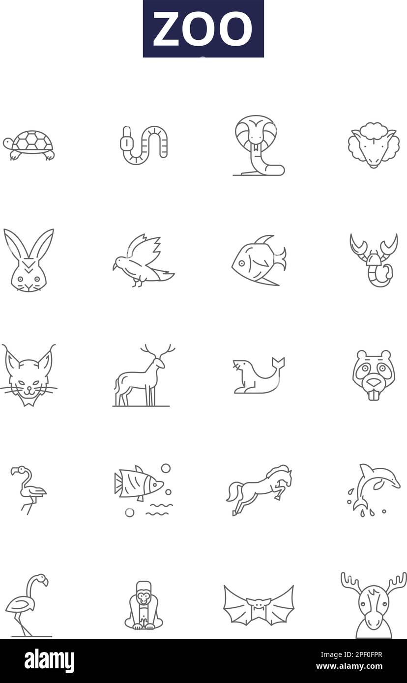 Zoo line vector icons and signs. Wildlife, Exhibits, Safari, Reptiles, Predators, Conservation, Mammals, Cage outline vector illustration set Stock Vector