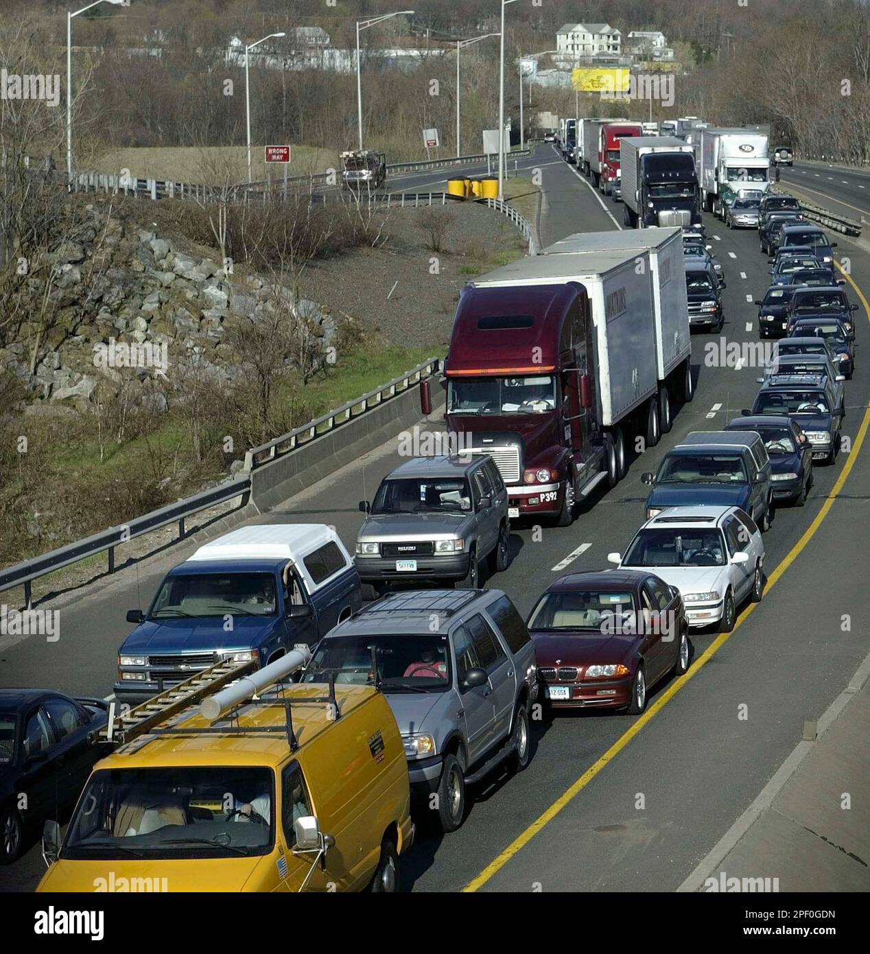 Heavy traffic in the eastbound lane of Interstate-84 in Waterbury, Conn.,  is shown Tuesday, April 20, 2004, a result of a truck accident on the  interstate. An Indiana tractor-trailer driver was charged