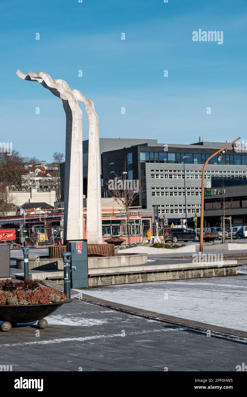 Sandnes, Norway, March 10 2023, Eurytmi Concrete Art Sculpture With No People On The Gjestehavn Waterfront Quay Stock Photo