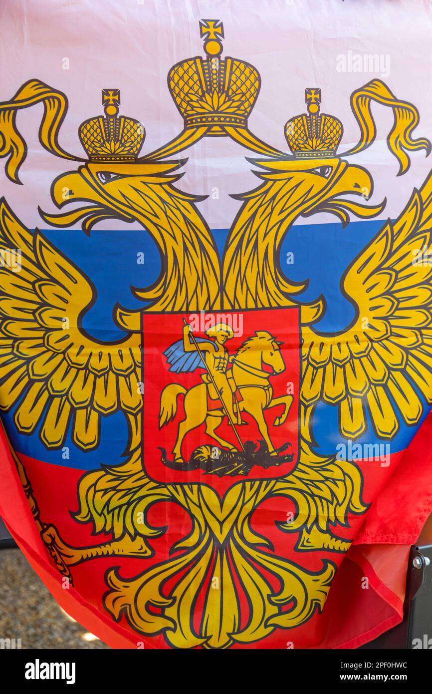 Moscow, Russian Federation - May 13, 2017: Double Golden Eagle Coat of Arms at Russia Flag Symbol. Stock Photo