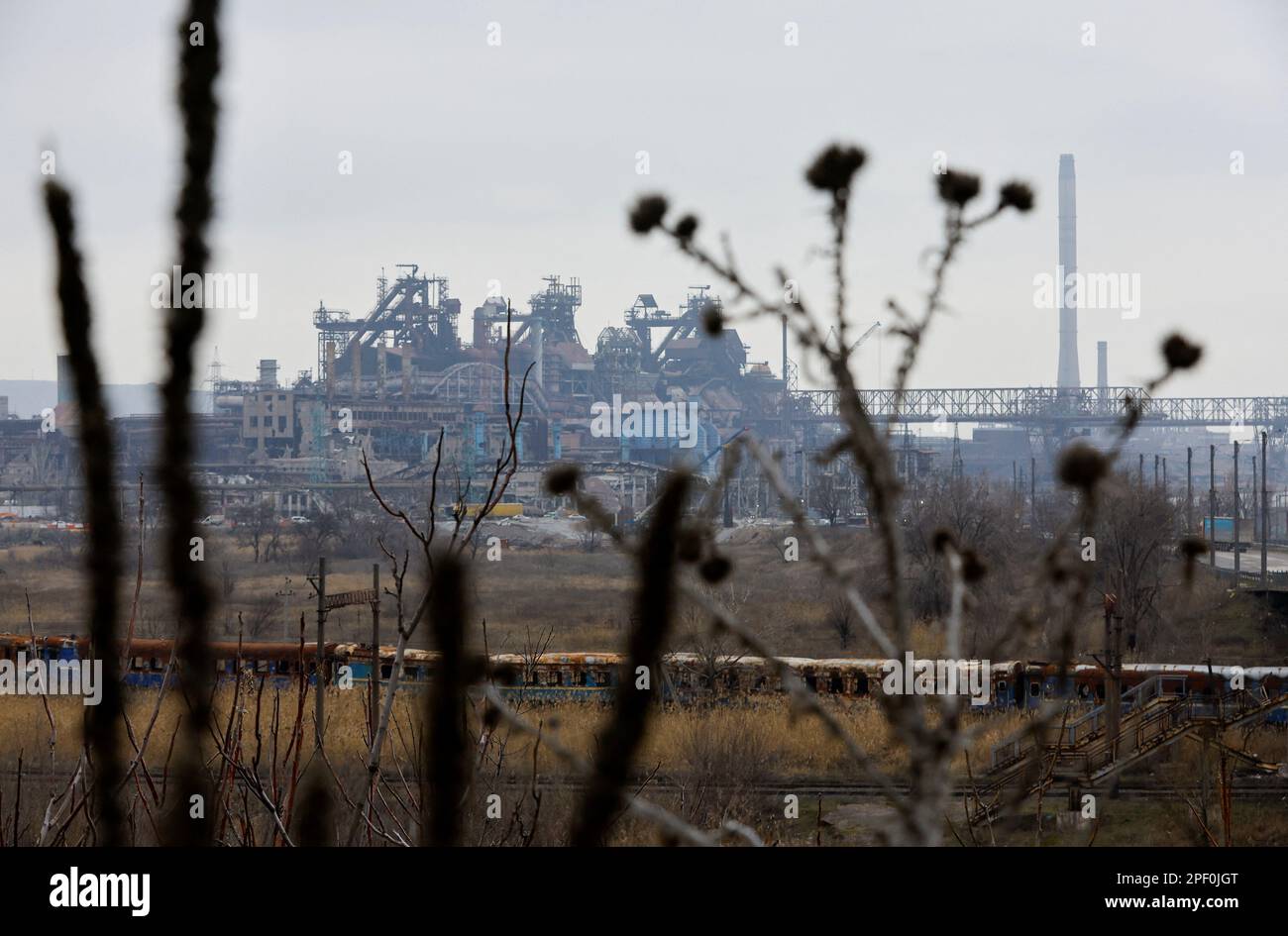 A view shows Azovstal steel mill destroyed in the course of Russia-Ukraine conflict in Mariupol, Russian-controlled Ukraine, March 16, 2023. REUTERS/Alexander Ermochenko Stock Photo
