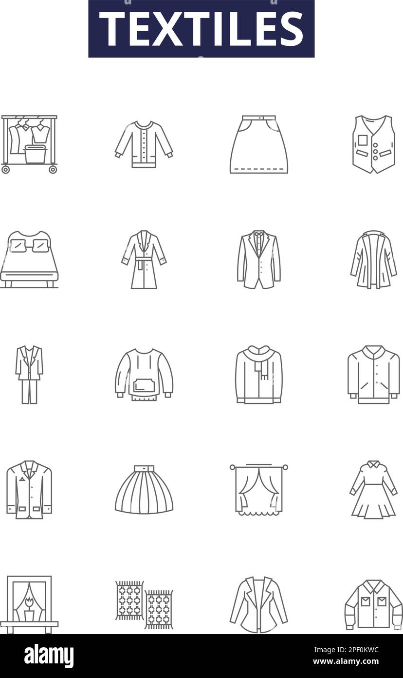 Textiles line vector icons and signs. Cloth, Garment, Linen, Woollen, Yarn, Cotton, Thread, Weave outline vector illustration set Stock Vector