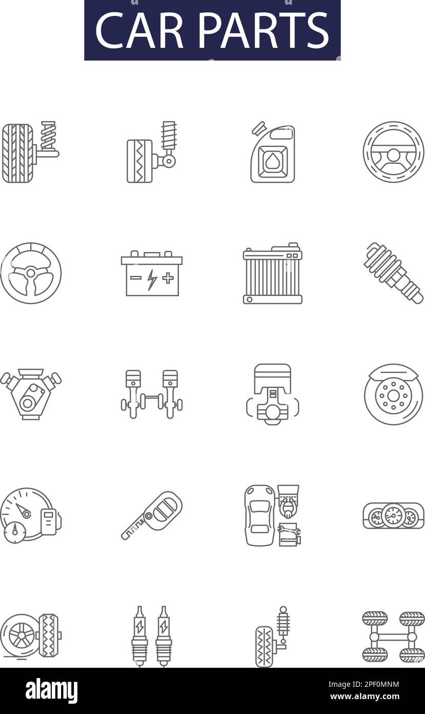 Car parts line vector icons and signs. Tires, Brakes, Engine, Steering