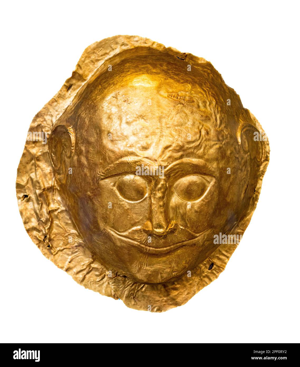 A 16th Century BC,  gold, funerary mask from grave IV of grave circle A at Ancient Mycenae, Peloponnese, Greece. Stock Photo