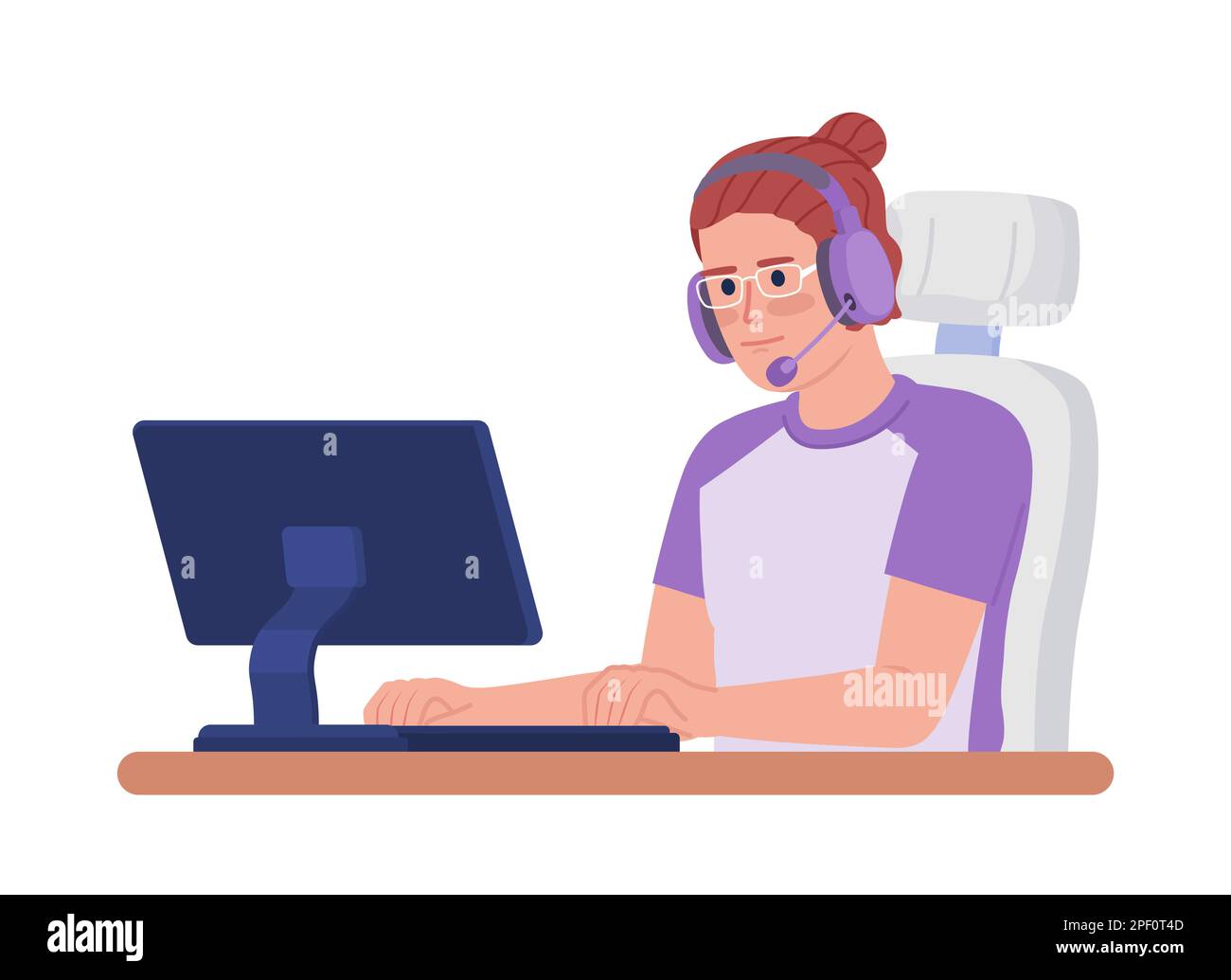 Headphones man playing on computer semi flat color vector character Stock Vector