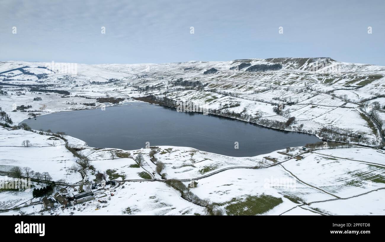 Semerwater partly frozen over after a winter storm. Yorkshire Dales National Park, UK. Stock Photo