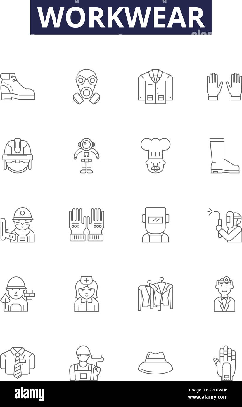 Workwear line vector icons and signs. Uniforms, Scrubs, Overalls ...