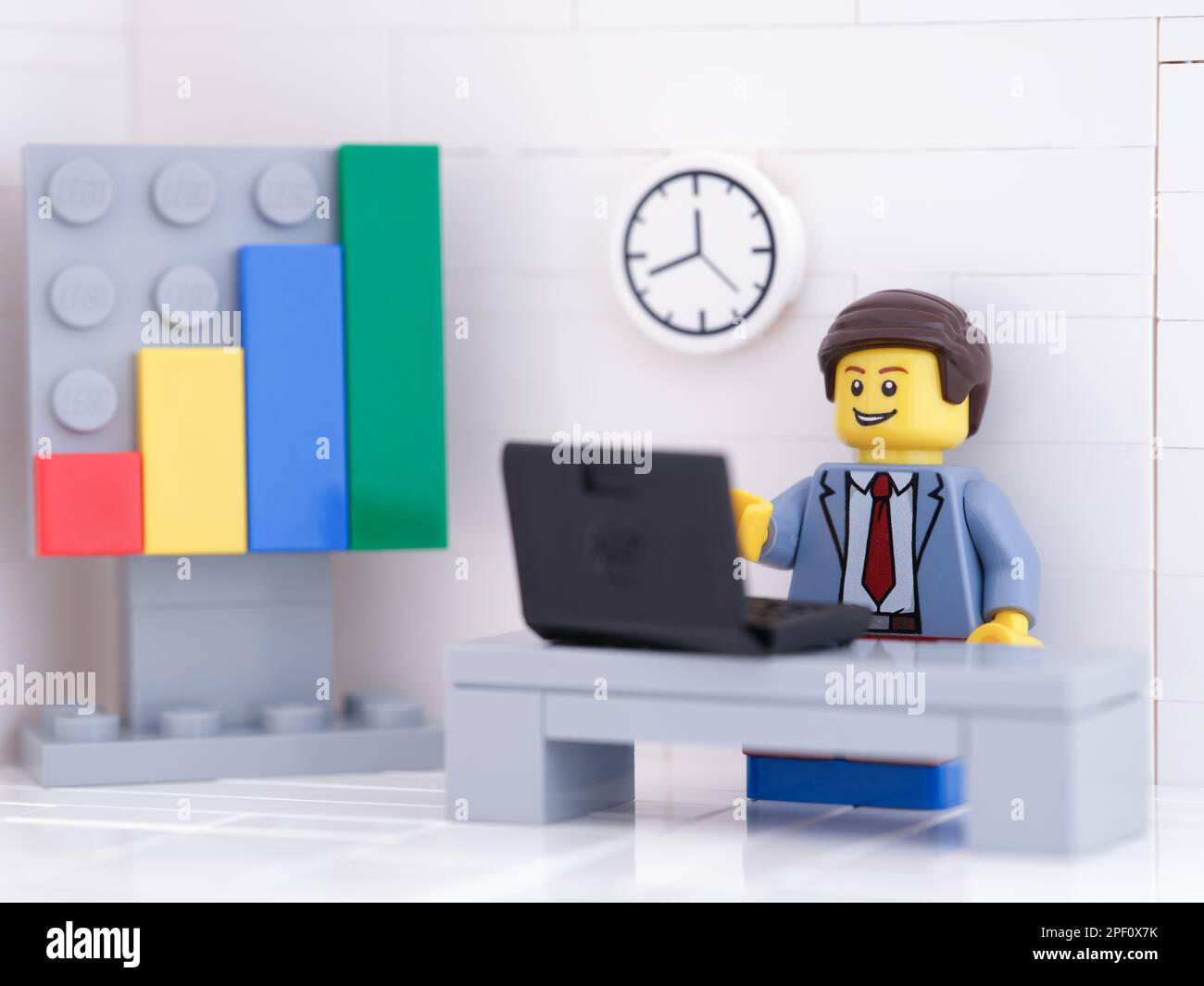 Tambov, Russian Federation - February 22, 2023 A Lego businessperson minifigure working in his office. Stock Photo