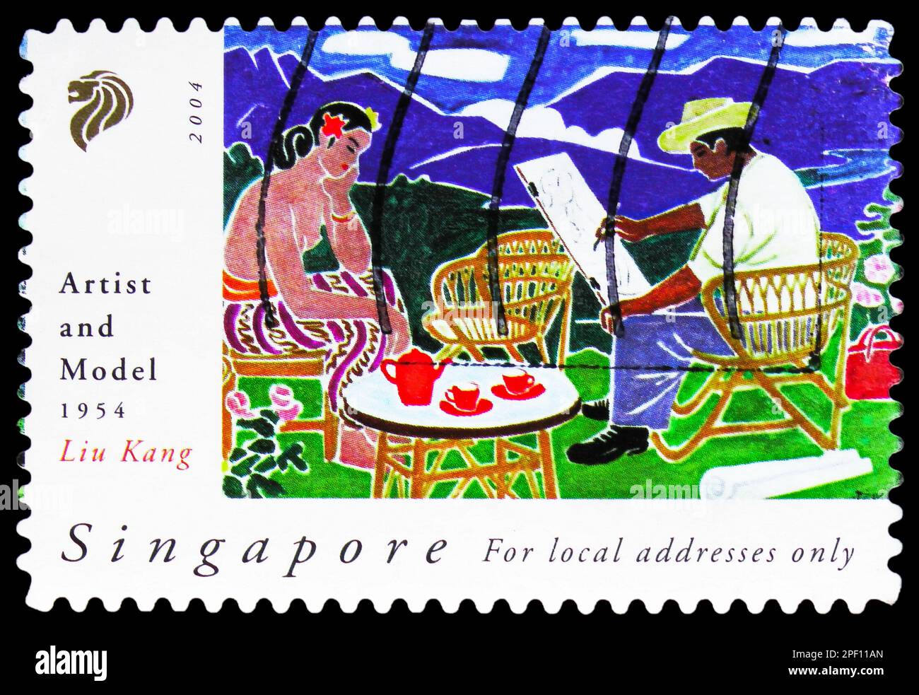 MOSCOW, RUSSIA - FEBRUARY 17, 2023: Postage stamp printed in Singapore shows 'Artist and Model' 1954, Art Series - Liu Kang and Ong Kim Seng serie, ci Stock Photo