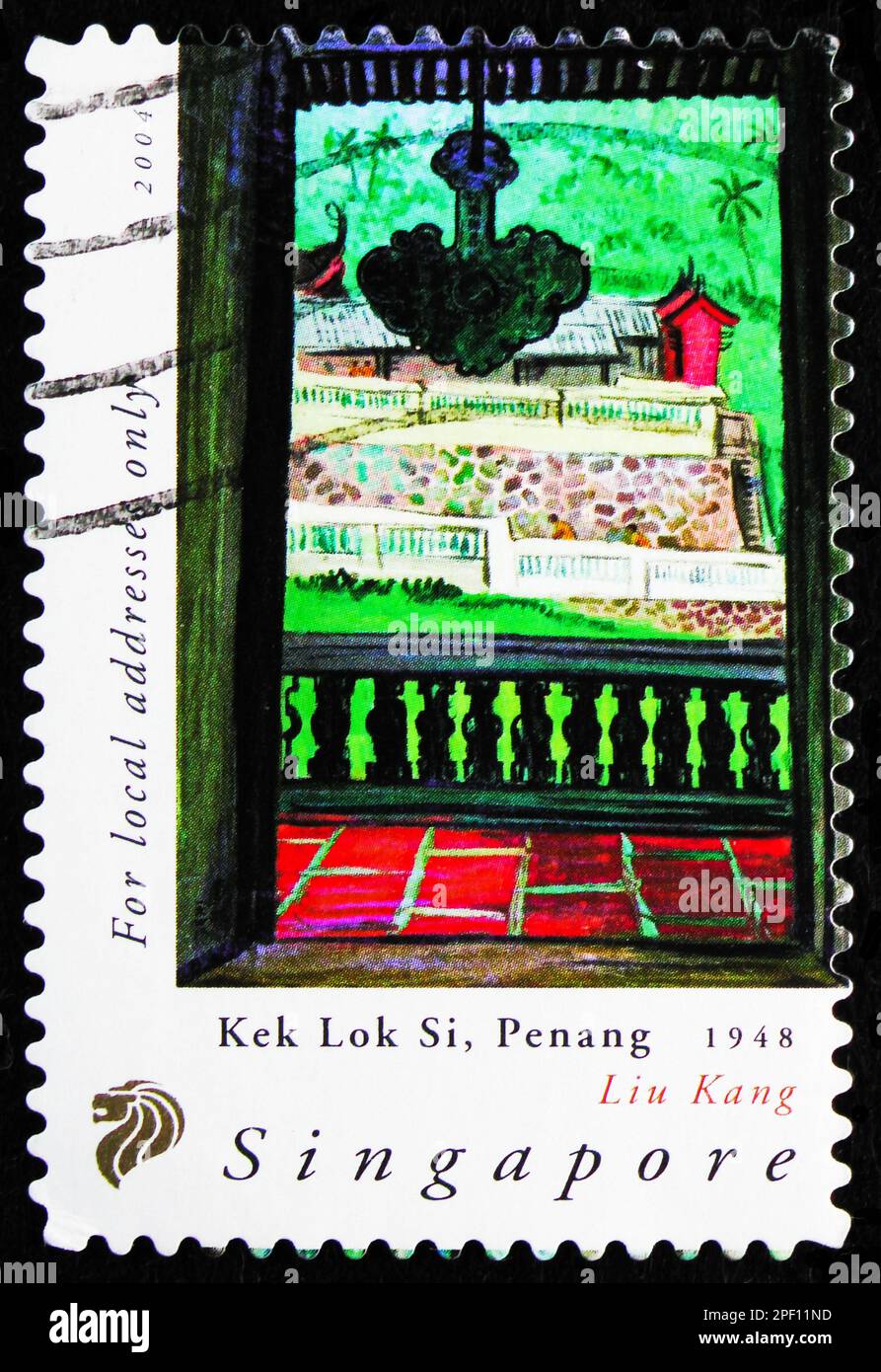 MOSCOW, RUSSIA - FEBRUARY 17, 2023: Postage stamp printed in Singapore shows 'Kek Lok Si, Penang' 1948, Art Series - Liu Kang and Ong Kim Seng serie, Stock Photo
