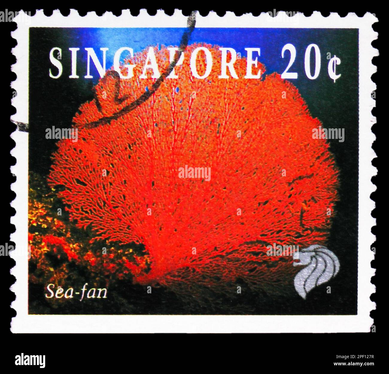 MOSCOW, RUSSIA - FEBRUARY 17, 2023: Postage stamp printed in Singapore shows Sea-fan Coral (Melithaea sp.), Reef Life Definitives (1994-1997) serie, c Stock Photo
