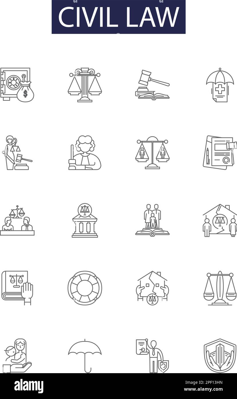 Civil law line vector icons and signs. Law, Rights, Litigation, Torts, Contracts, Property, Liability, Governments outline vector illustration set Stock Vector