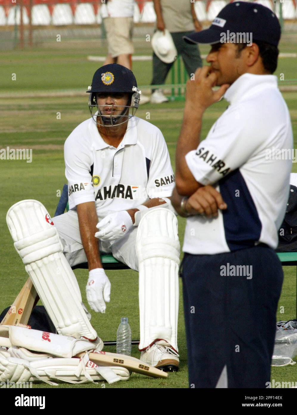 India's star batsman Sachin Tendulkar, right wait to practice with a