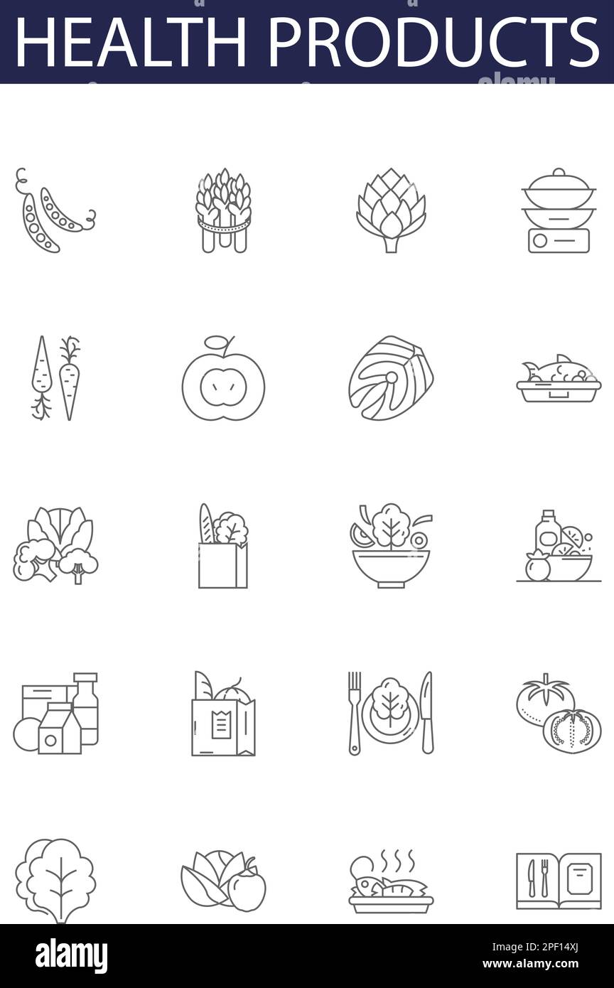 Health products line vector icons and signs. Supplements, Nutraceuticals, Pharmaceuticals, Hygiene, Remedies, Toiletries, Fitness, Skin-care outline Stock Vector
