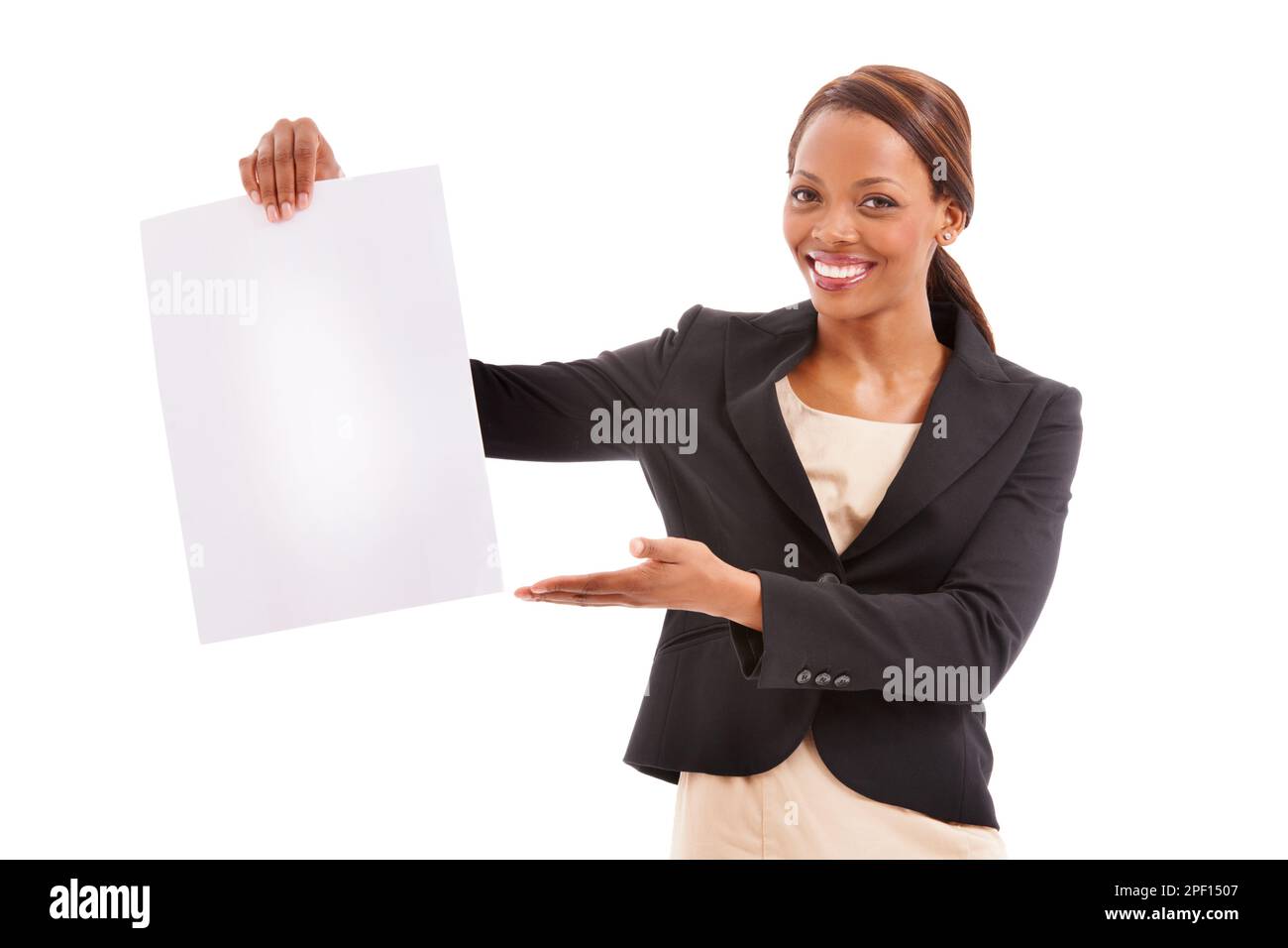 Advertising our amazing company. Portrait of an ethnic smiling woman with corporate clothing on holding up a blank piece of paper. Stock Photo