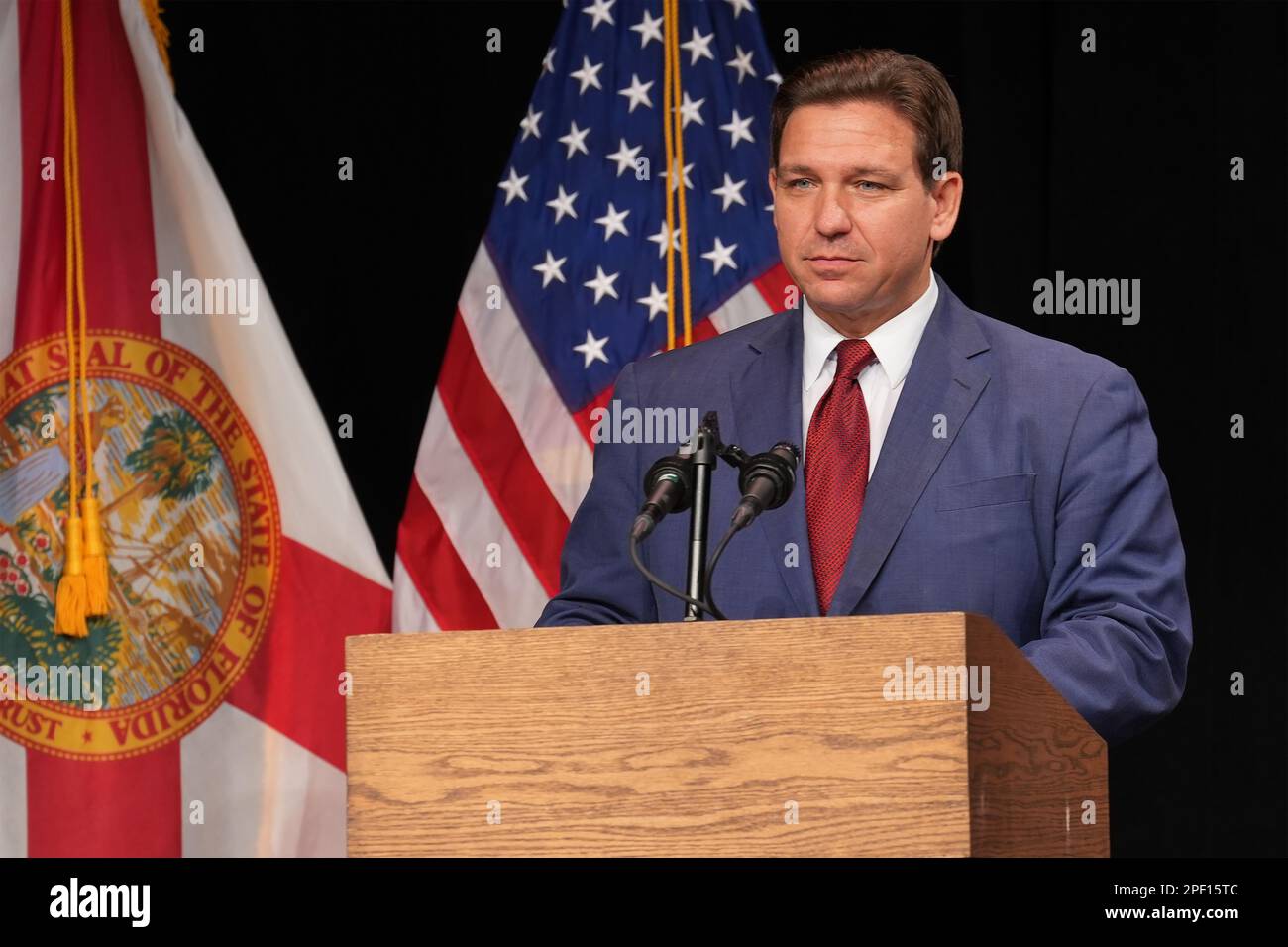 Florida Governor Ron DeSantis speaking in Milton, Florida, on February 2, 2023. (USA) Stock Photo