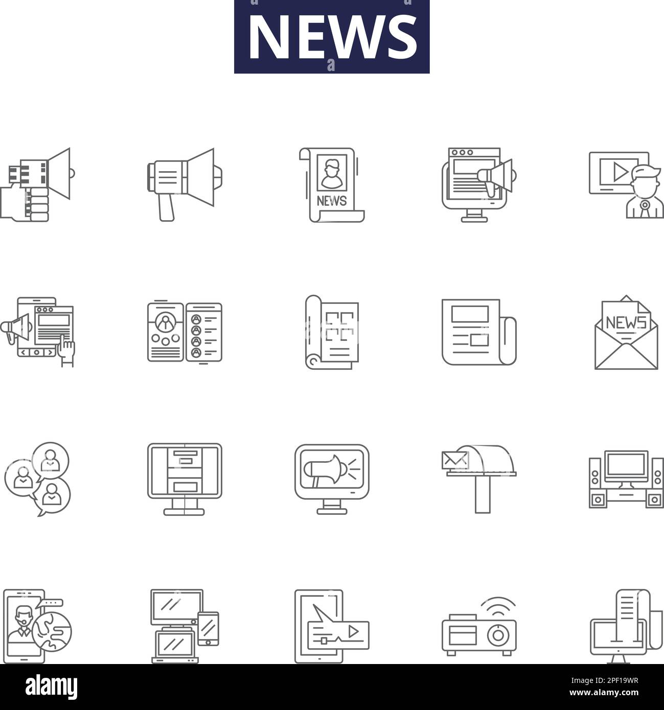 News line vector icons and signs. breaking news, headlines, journalism, media, papers, story, coverage, headline outline vector illustration set Stock Vector