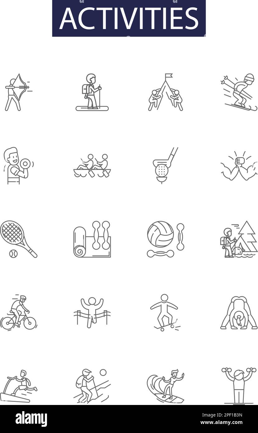 Activities line vector icons and signs. Recreation, Exercise, Exploration, Play, Events, Games, Sports, Tours outline vector illustration set Stock Vector