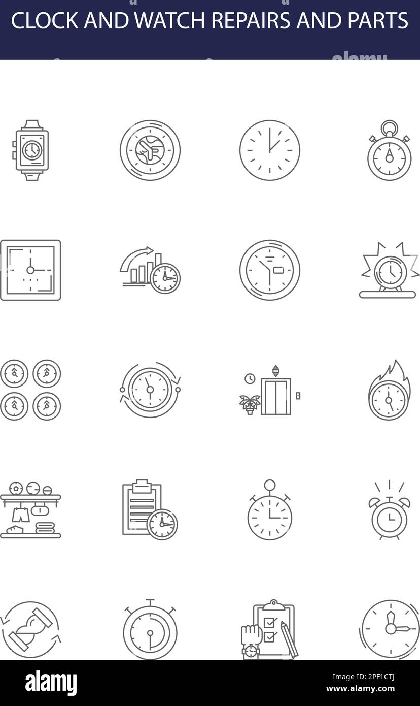Clock and watch repairs and parts line vector icons and signs. clock, watch, gear, repair