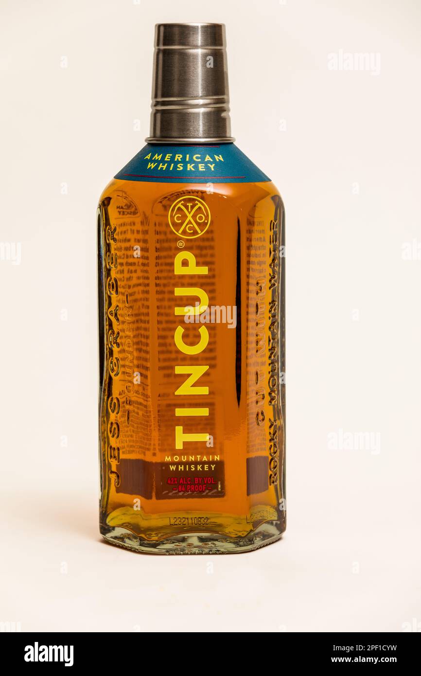 Tin Cup American Whiskey has a jigger included with each bottle Stock Photo