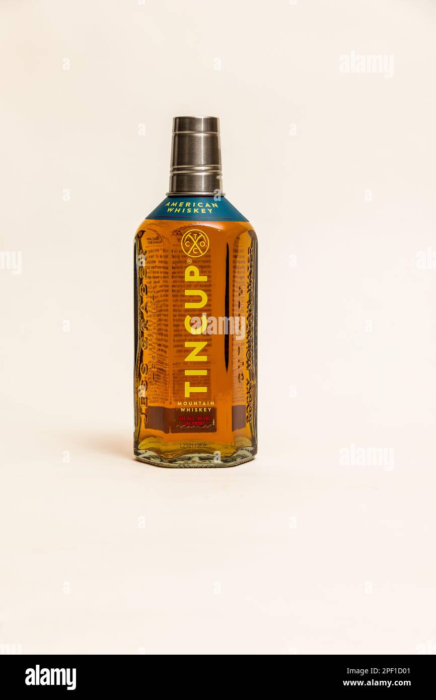Tin Cup American Whiskey has a jigger included with each bottle Stock Photo