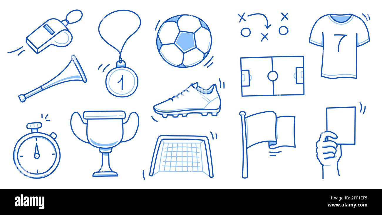 Doodle soccer element set. Football goal, award cup, soccer ball hand