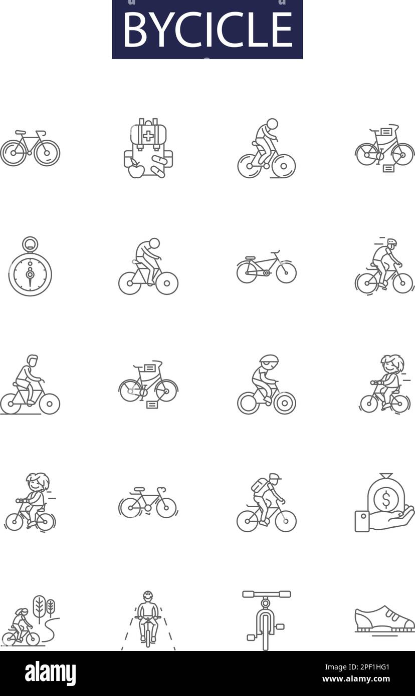 Bycicle line vector icons and signs. Cycling, Rider, Wheels, Frame, Tires, Pedals, Derailleur, Seat outline vector illustration set Stock Vector