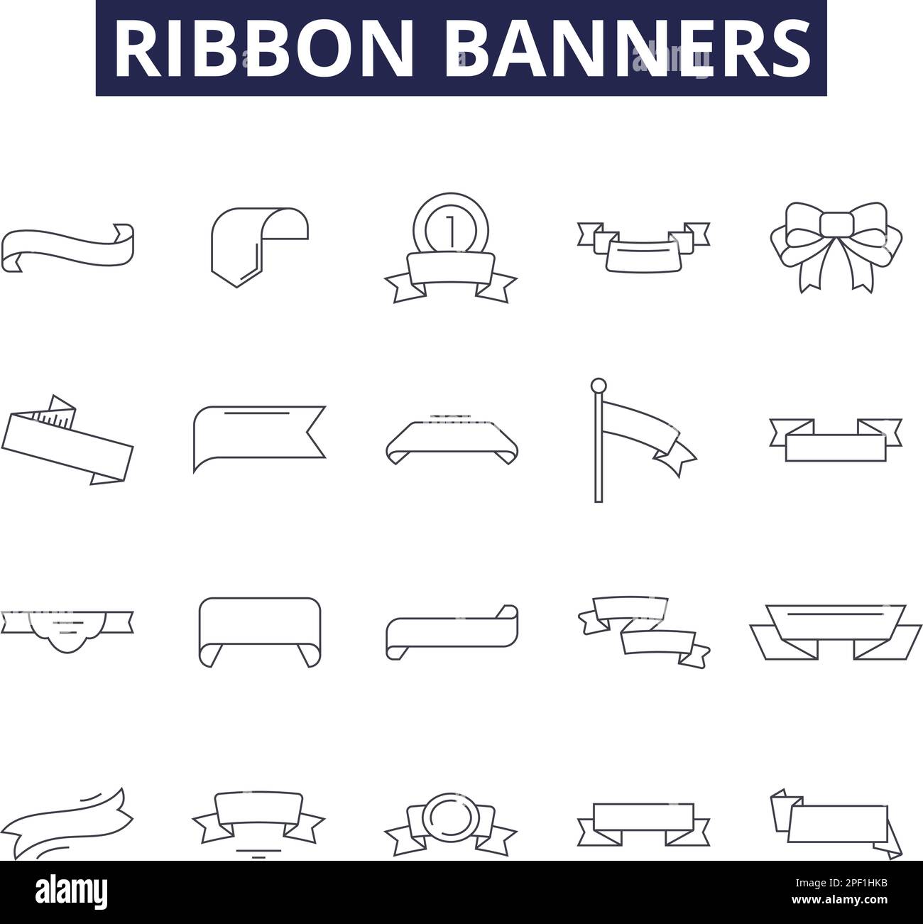 Ribbon banners line vector icons and signs. Banners, Bunting, Streamers, Trims, Flags, Strings, Swags, Rosettes outline vector illustration set Stock Vector