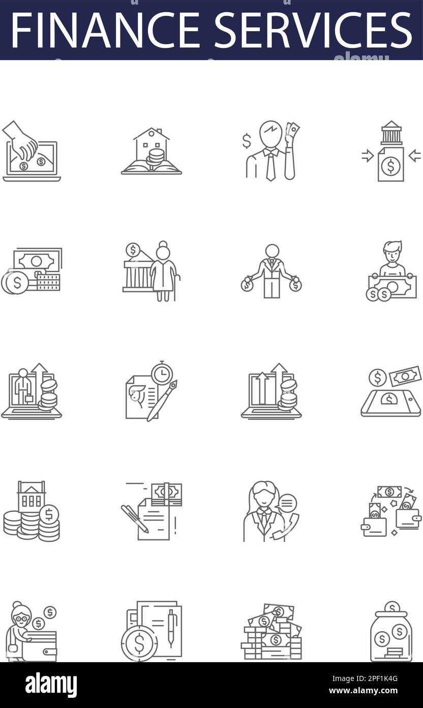 Finance services line vector icons and signs. Investing, Credit, Banking, Equity, Borrowing, Lending, Accounting, Mortgages outline vector Stock Vector