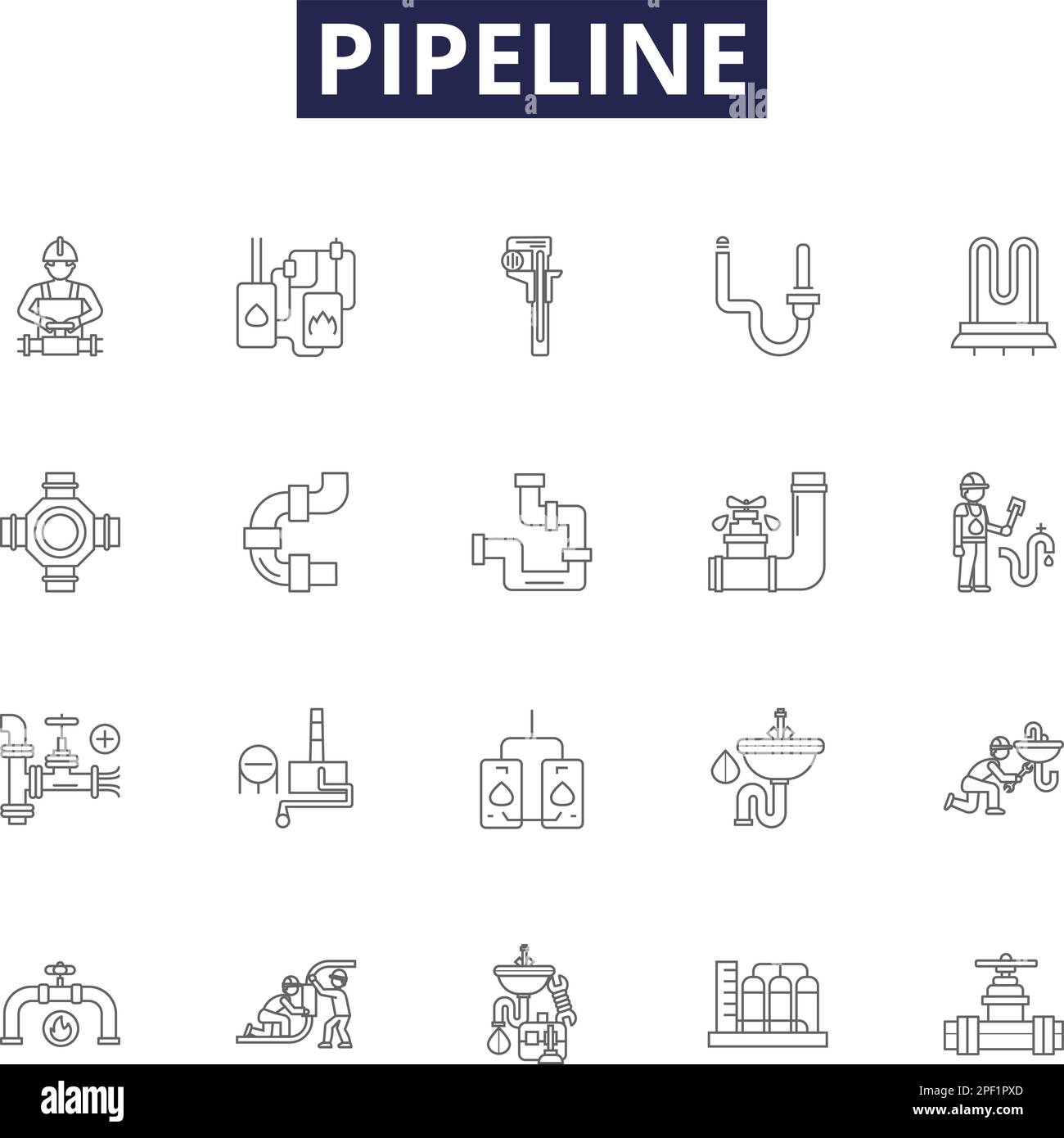 Pipeline line vector icons and signs. Pipeline, Conduit, Line, Flow, Channel, Main, Network, Aqueduct outline vector illustration set Stock Vector