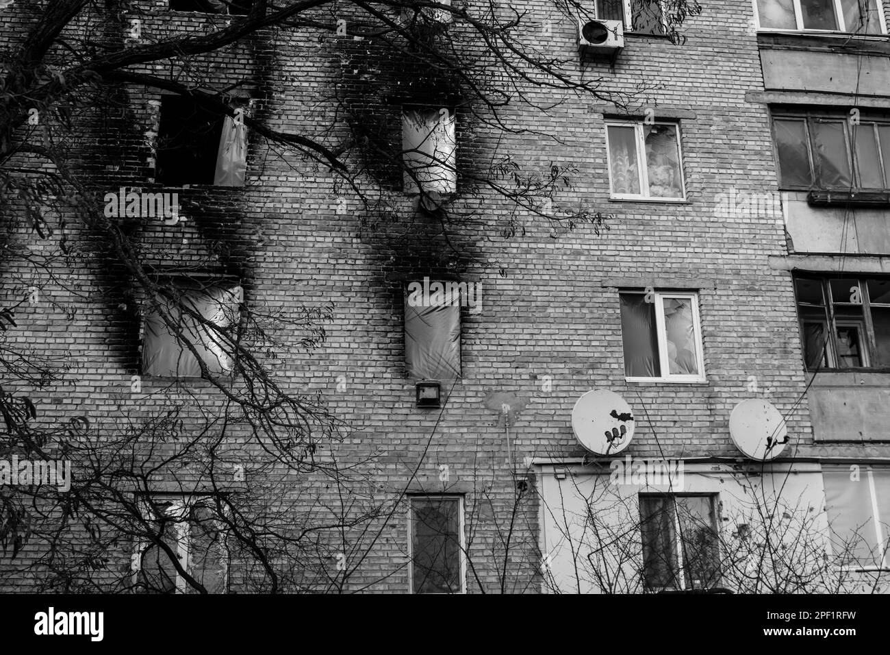 Facade of a building having received artillery fire. Most buildings in
