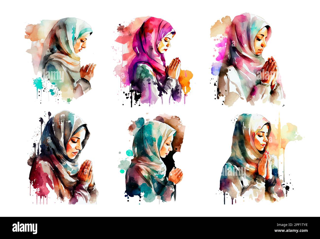 set watercolor illustration of muslim woman in hijab ramadan concept