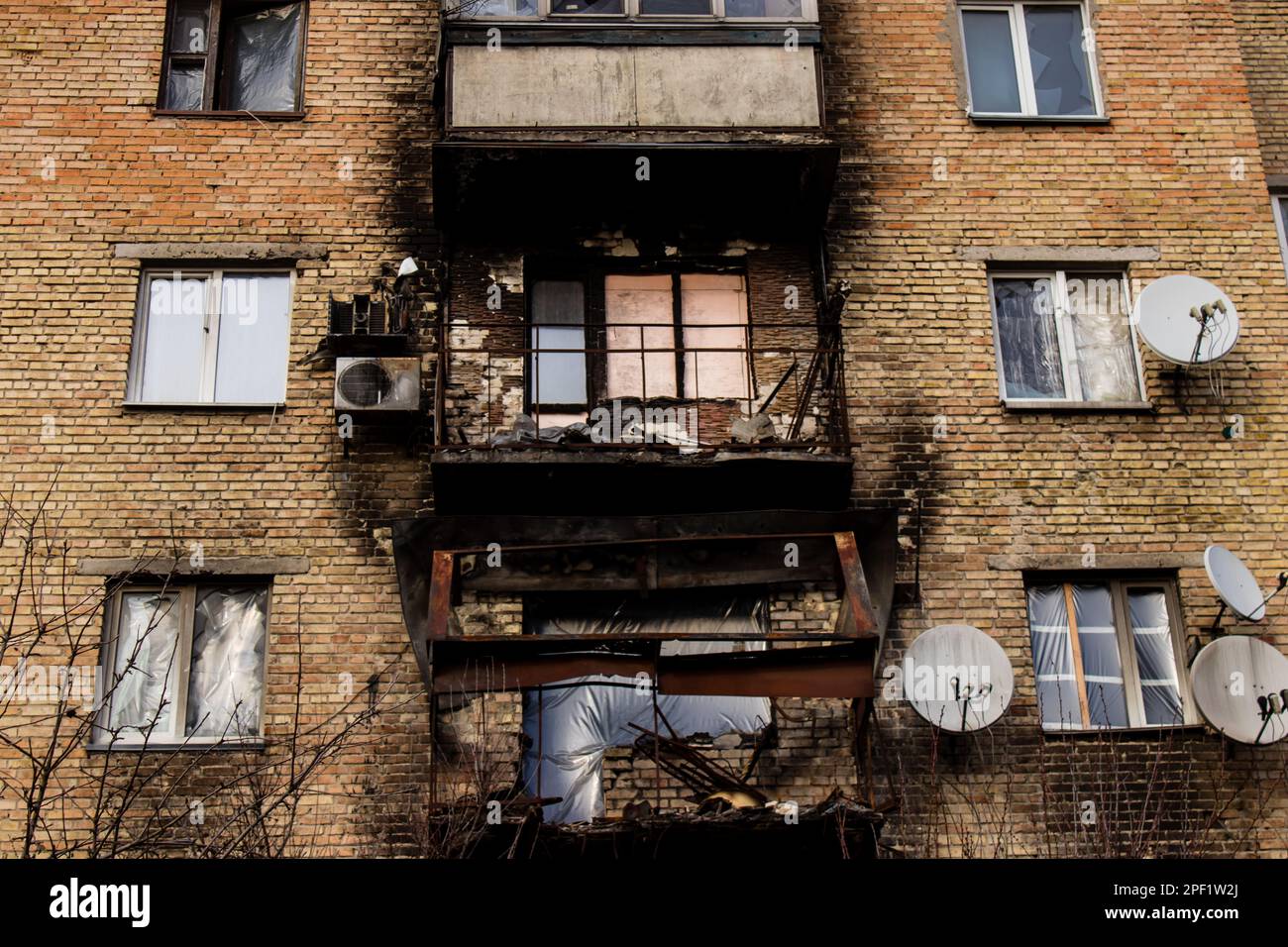 Facade of a building having received artillery fire. Most buildings in