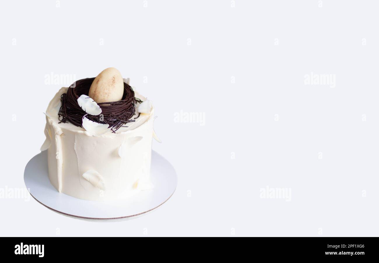 Elegant easter cake decorated with chocolate bird's nest, egg and feathers. White background with copy space. Horizontal orientation Stock Photo