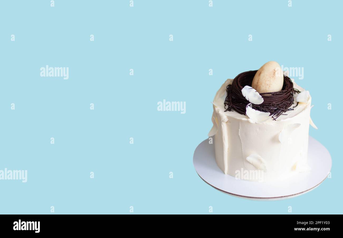 Elegant easter cake decorated with chocolate bird's nest, egg and feathers. Blue background with copy space. Horizontal orientation Stock Photo