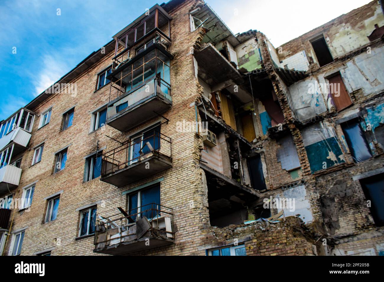 Facade of a building having received artillery fire. Most buildings in