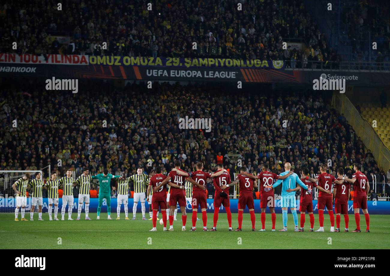 Soccer Football - Europa League - Round of 16 - Second Leg - Fenerbahce v Sevilla - Sukru Saracoglu Stadium, Istanbul, Turkey - March 16, 2023 The players stand during a minute's silence following the recent earthquake in Turkey and Syria REUTERS/Murad Sezer Stock Photo