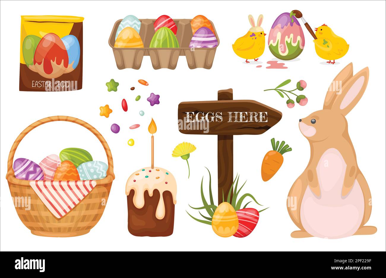 Bright Easter set with cute eggs, bunny, egg paint Stock Vector